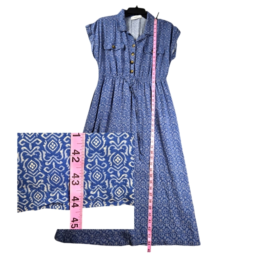 Lucky Brand Boho Midi Shirt Dress Blue Button Front Elastic Waist Size Small - Picture 14 of 15